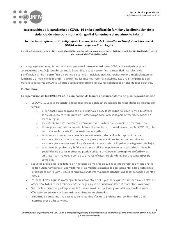 Repercusión de la pandemia de COVID-19 en la planificación familiar y la eliminación de la violencia de género, la mutilación genital femenina y el matrimonio infantil