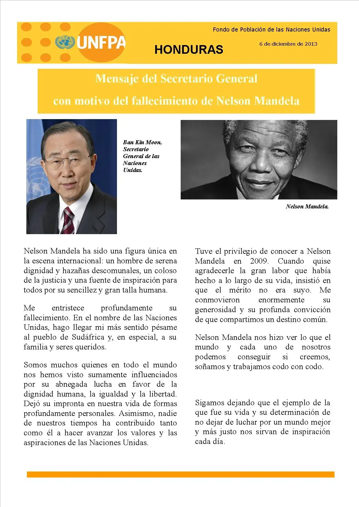 Mensaje del Secretario General con motivo del fallecimiento de Nelson Mandela